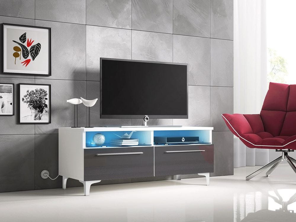 Veneti Televízny stolík na nožičkách s LED osvetlením FERNS 6 - biely / lesklý šedý